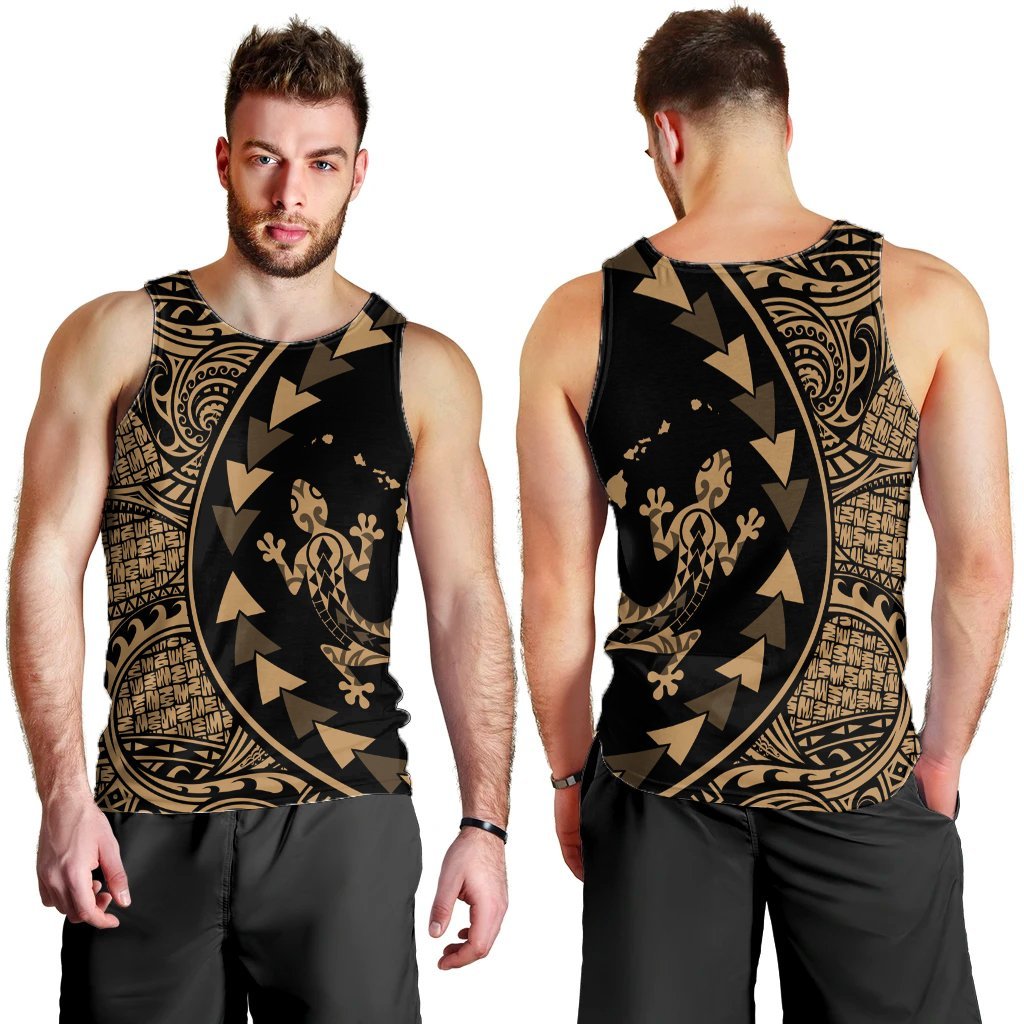 Hawaiian Map Gecko Tattoo Kakau Polynesian Tank Top Gold AH - Polynesian Pride