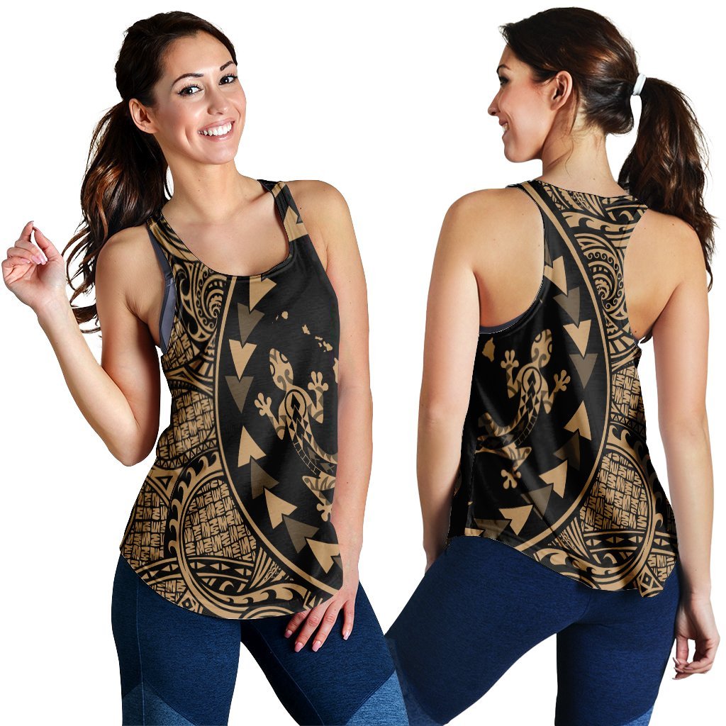 Hawaiian Map Gecko Tattoo Kakau Polynesian Racerback Tank Gold AH Black - Polynesian Pride