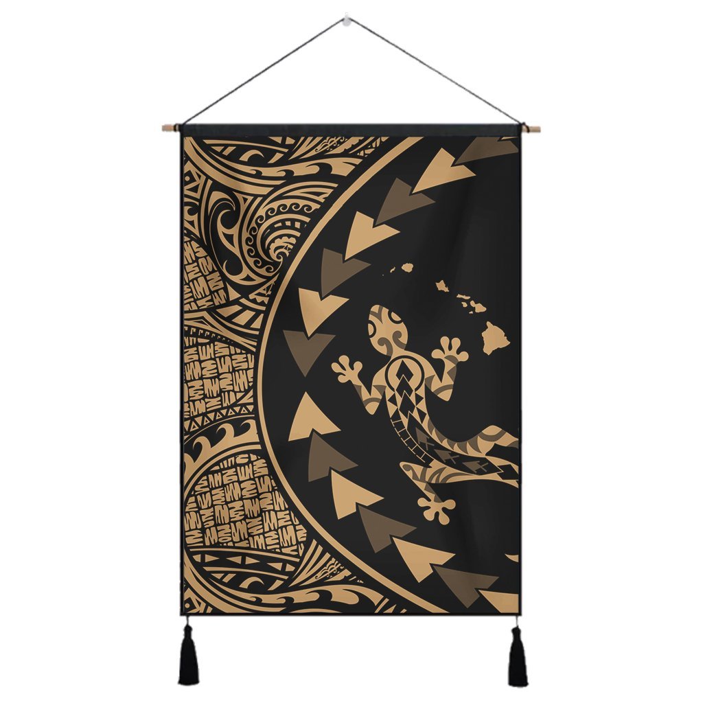 Hawaiian Map Gecko Tattoo Kakau Polynesian Hanging Poster Gold AH Hanging Poster Cotton And Linen - Polynesian Pride