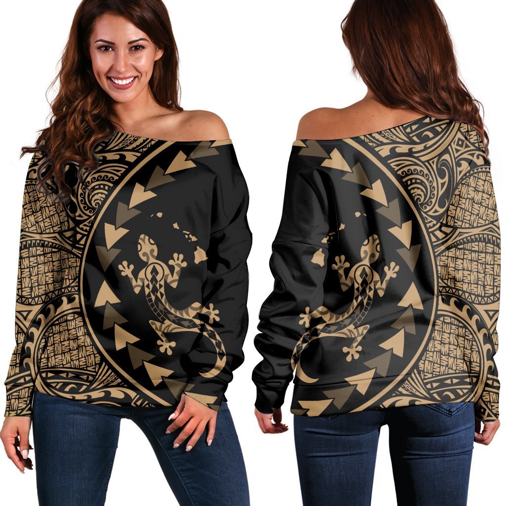 Hawaiian Map Gecko Tattoo Kakau Polynesian Women's Off Shoulder Sweater Gold AH Black - Polynesian Pride