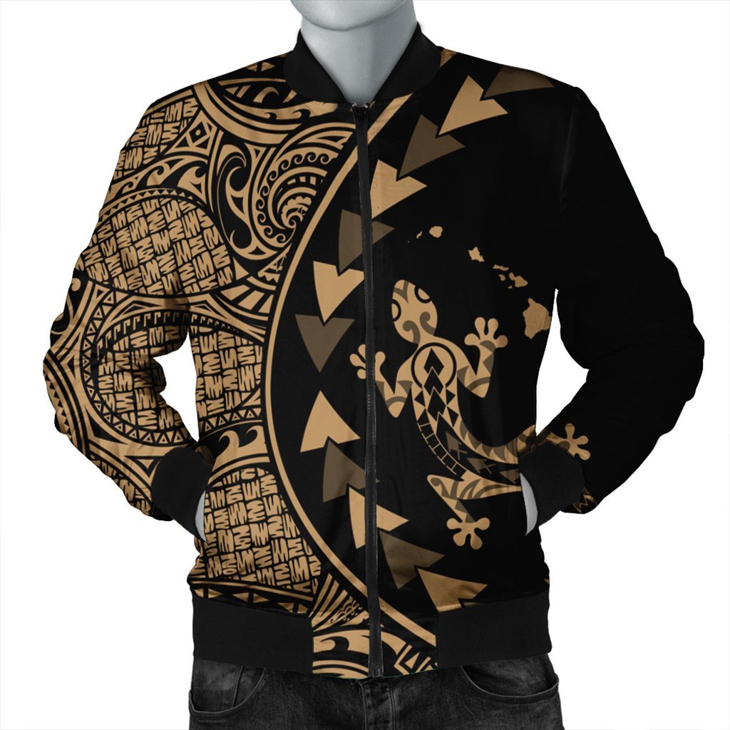 Hawaiian Map Gecko Tattoo Kakau Polynesian Bomber Jacket Gold AH Black Unisex - Polynesian Pride