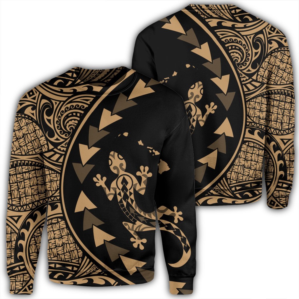 Hawaiian Map Gecko Tattoo Kakau Polynesian Sweatshirt Gold AH Unisex Black - Polynesian Pride