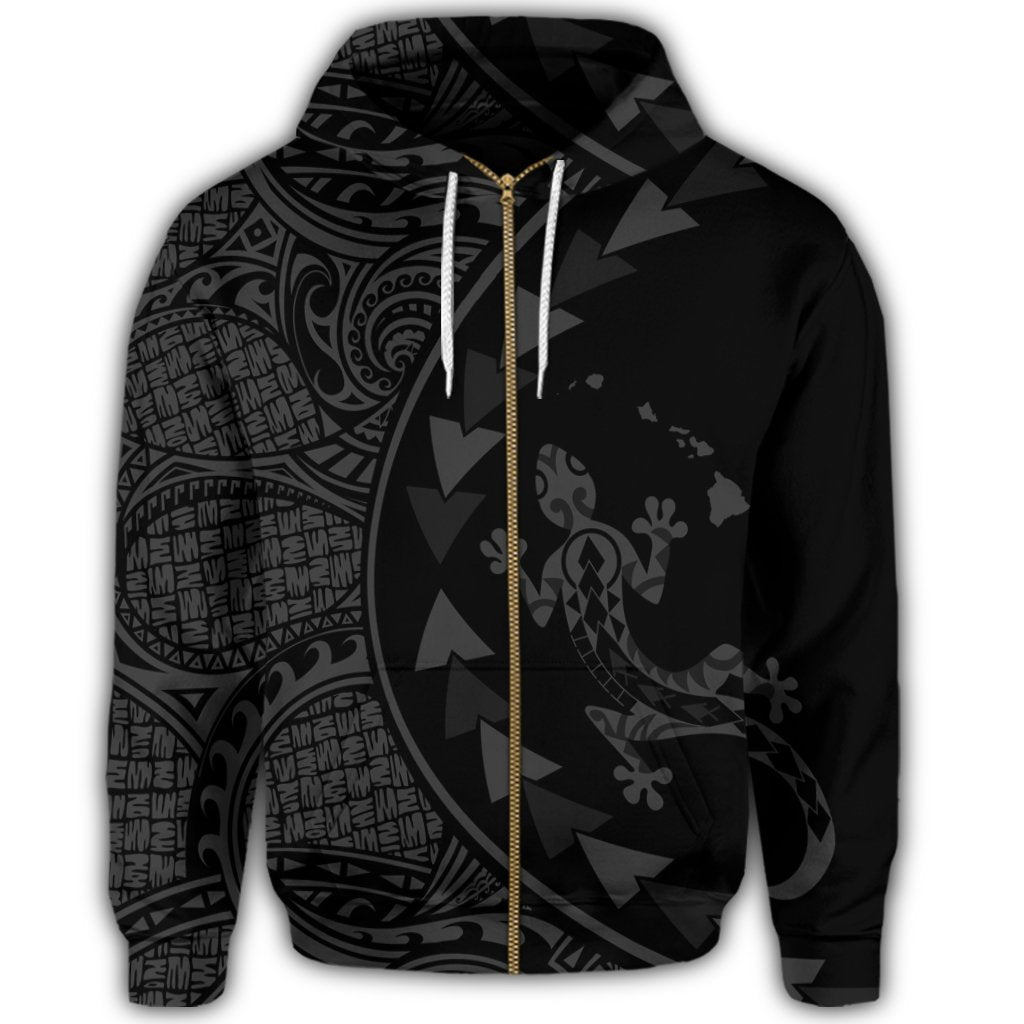 Hawaiian Map Gecko Tattoo Kakau Polynesian Zip Hoodie Gray - Polynesian Pride