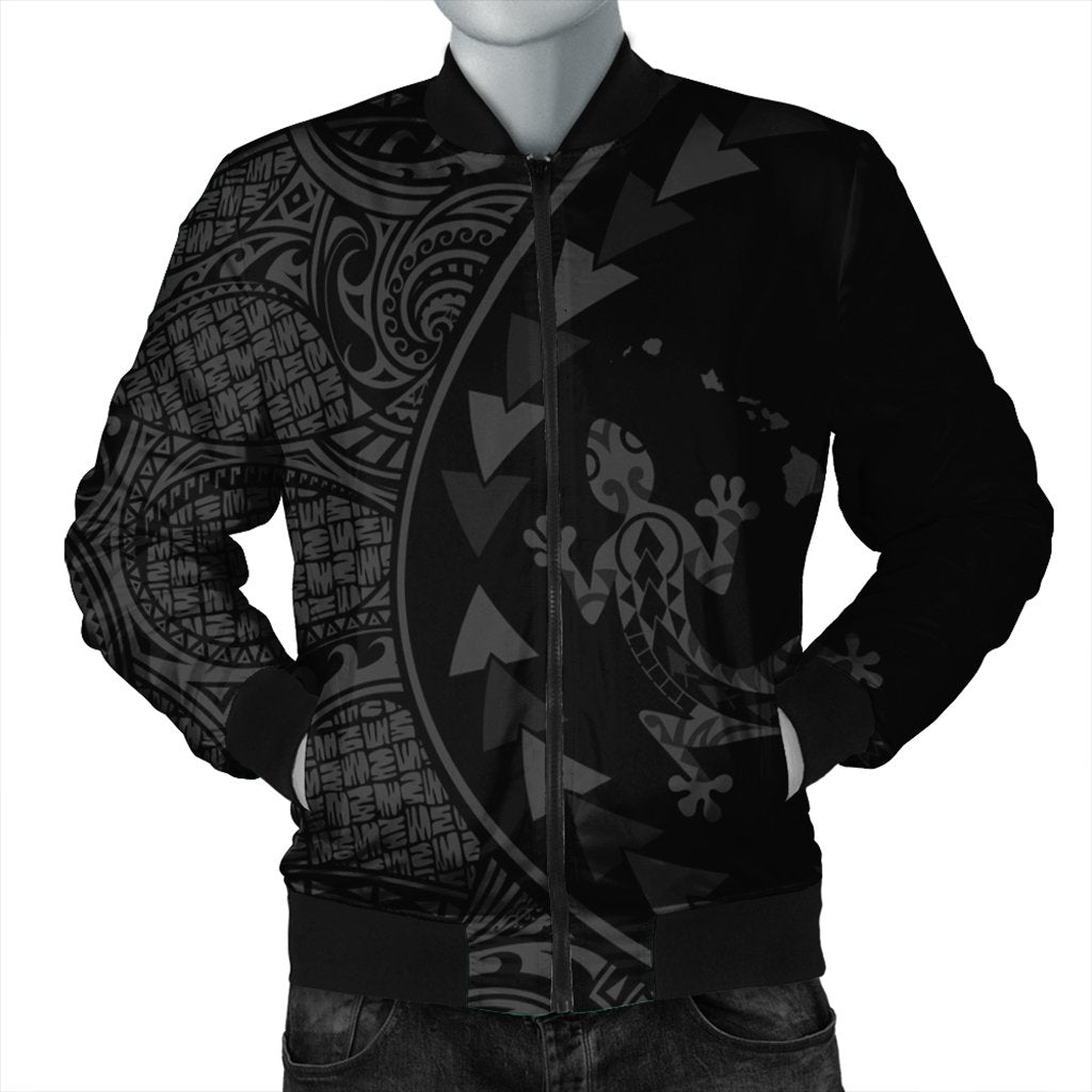 Hawaiian Map Gecko Tattoo Kakau Polynesian Bomber Jacket Gray AH Black Unisex - Polynesian Pride