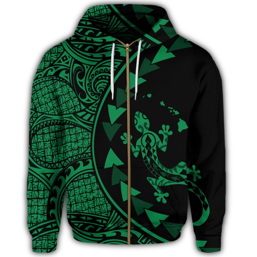 Hawaiian Map Gecko Tattoo Kakau Polynesian Zip Hoodie Green - Polynesian Pride