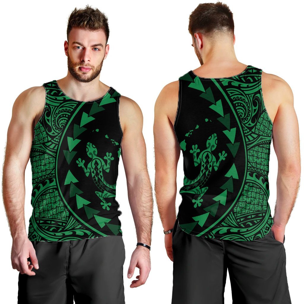 Hawaiian Map Gecko Tattoo Kakau Polynesian Tank Top Green AH - Polynesian Pride