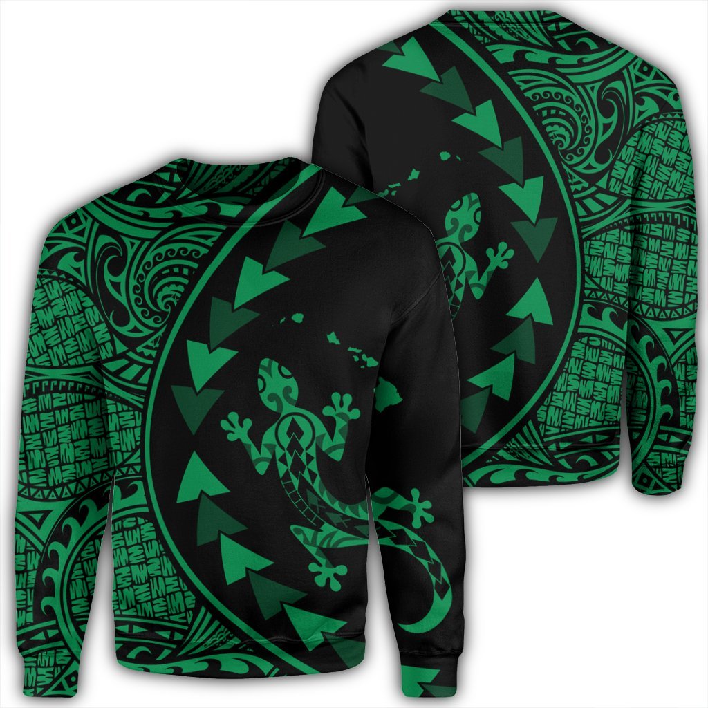 Hawaiian Map Gecko Tattoo Kakau Polynesian Sweatshirt Green AH Unisex Black - Polynesian Pride