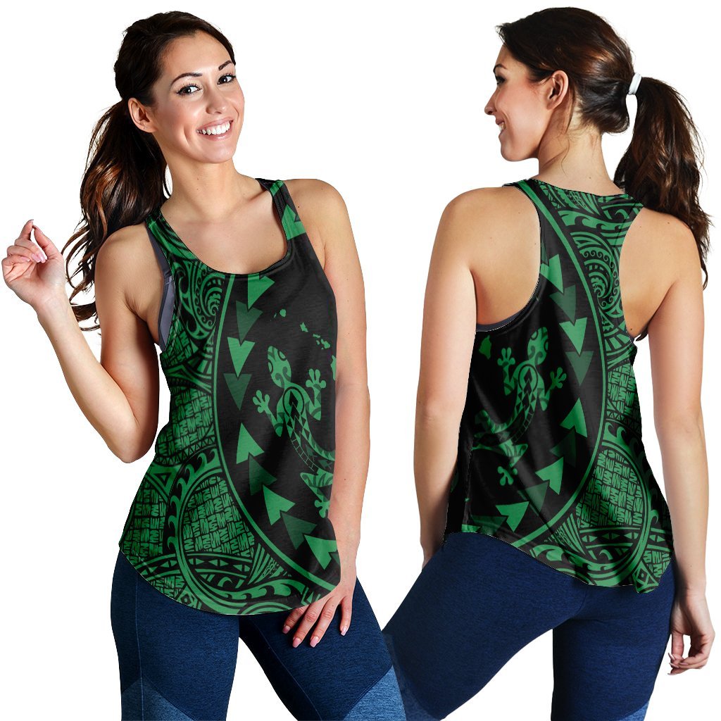 Hawaiian Map Gecko Tattoo Kakau Polynesian Racerback Tank Green AH Black - Polynesian Pride