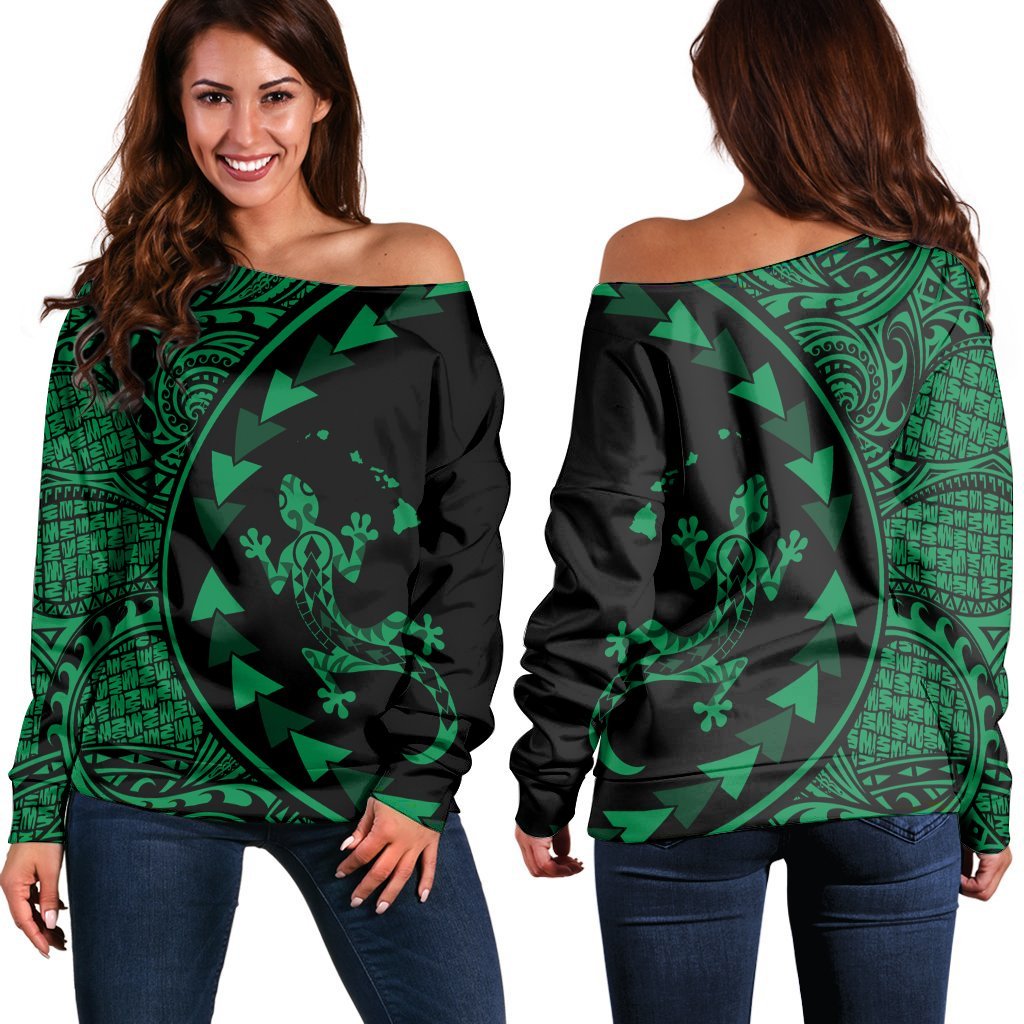 Hawaiian Map Gecko Tattoo Kakau Polynesian Women's Off Shoulder Sweater Green AH Black - Polynesian Pride