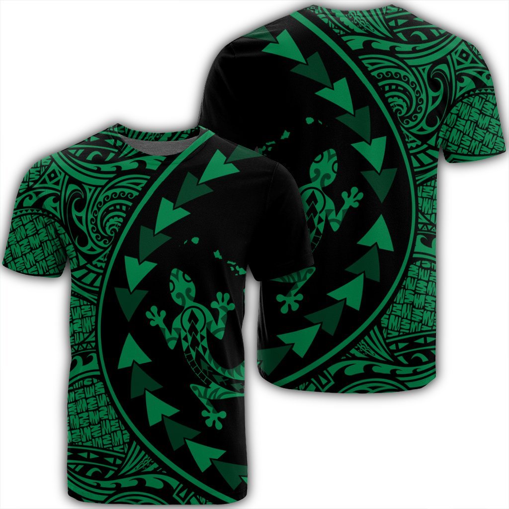 Hawaiian Map Gecko Tattoo Kakau Polynesian T Shirt Green Unisex Black - Polynesian Pride