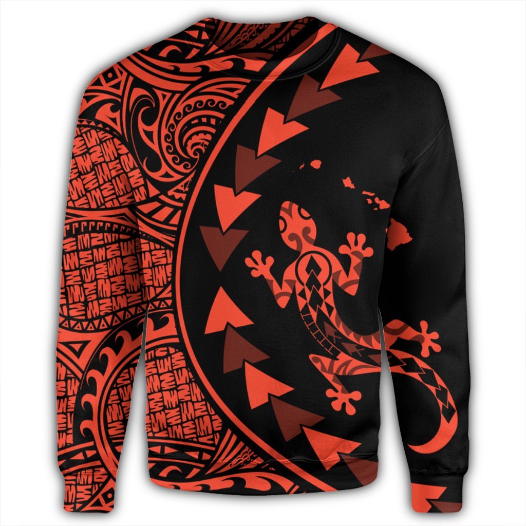 Hawaiian Map Gecko Tattoo Kakau Polynesian Sweatshirt Orange AH - Polynesian Pride