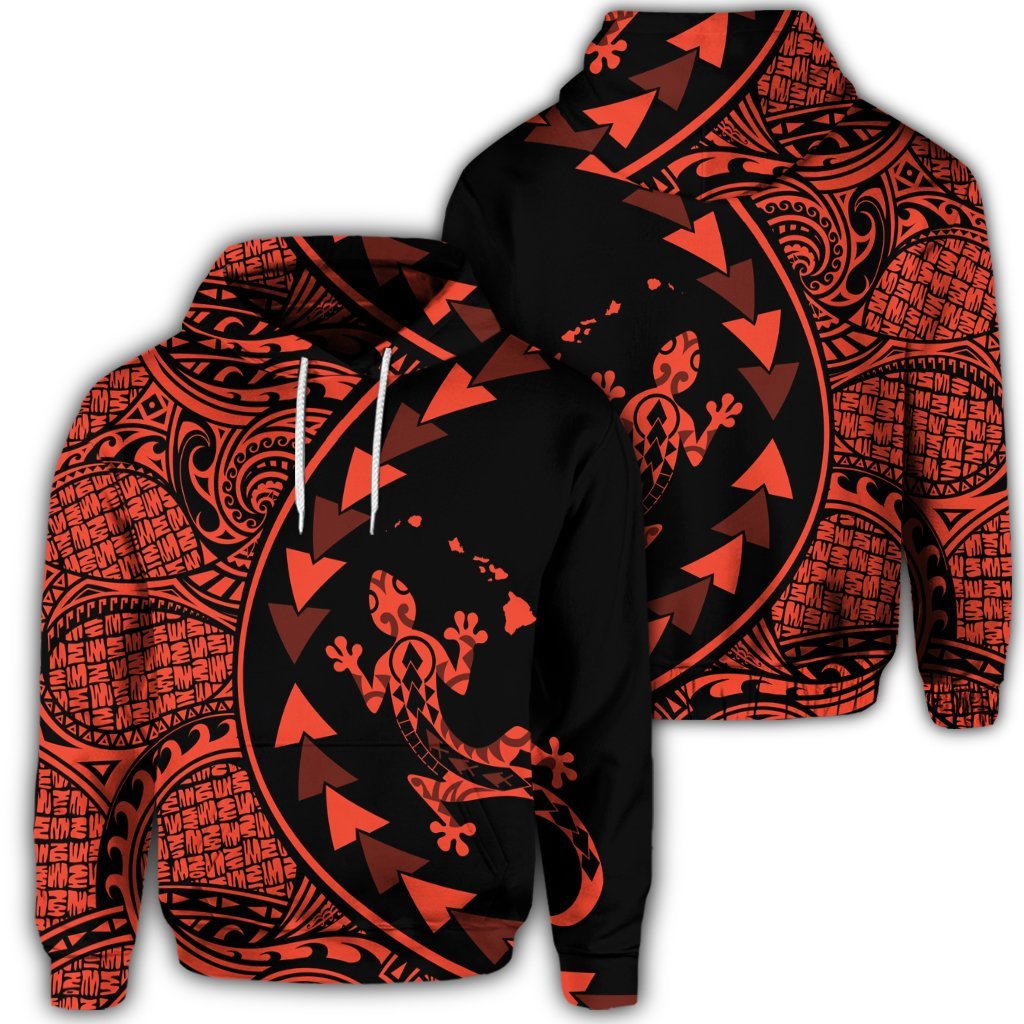 Hawaiian Map Gecko Tattoo Kakau Polynesian Hoodie Orange Unisex Art - Polynesian Pride