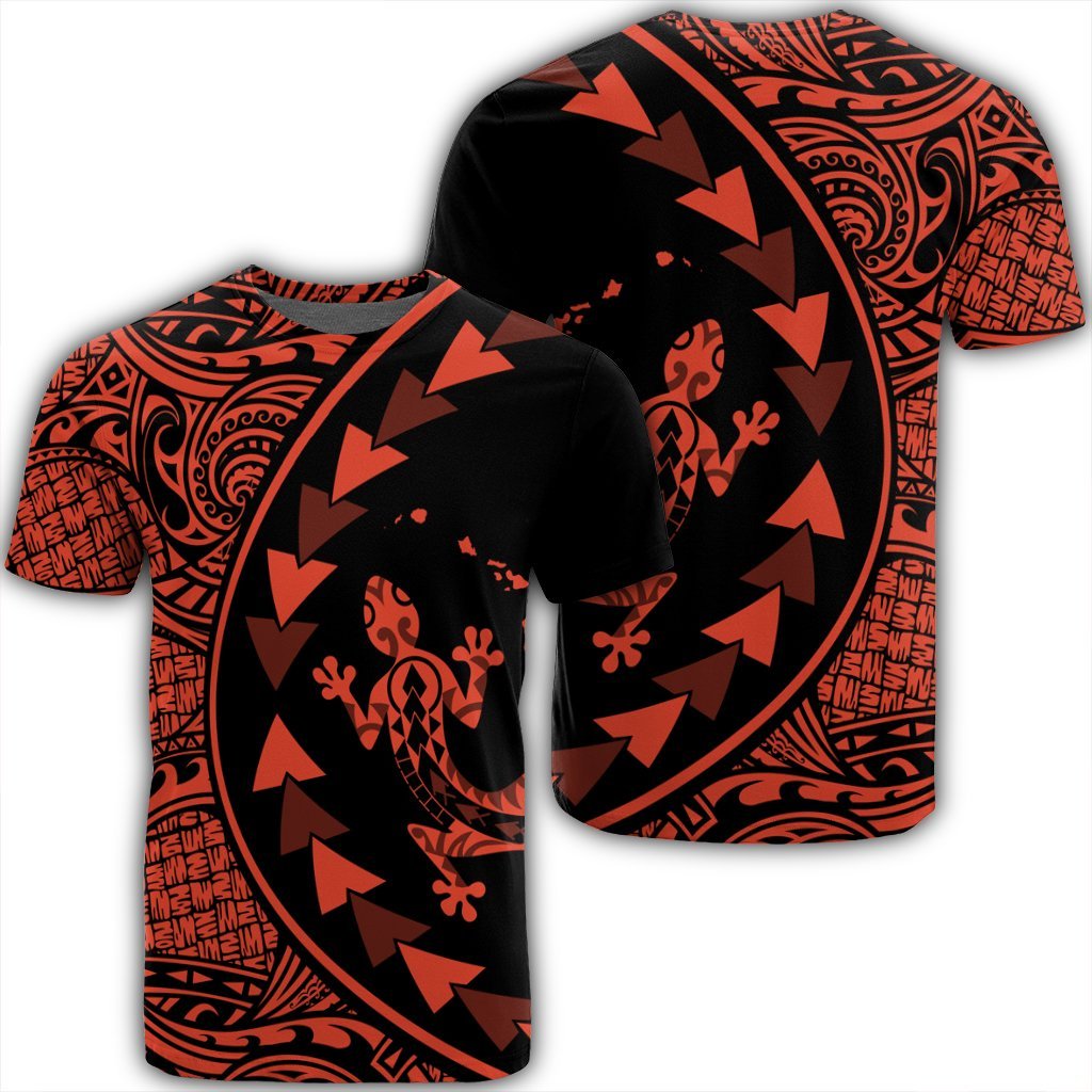 Hawaiian Map Gecko Tattoo Kakau Polynesian T Shirt Orange Unisex Black - Polynesian Pride