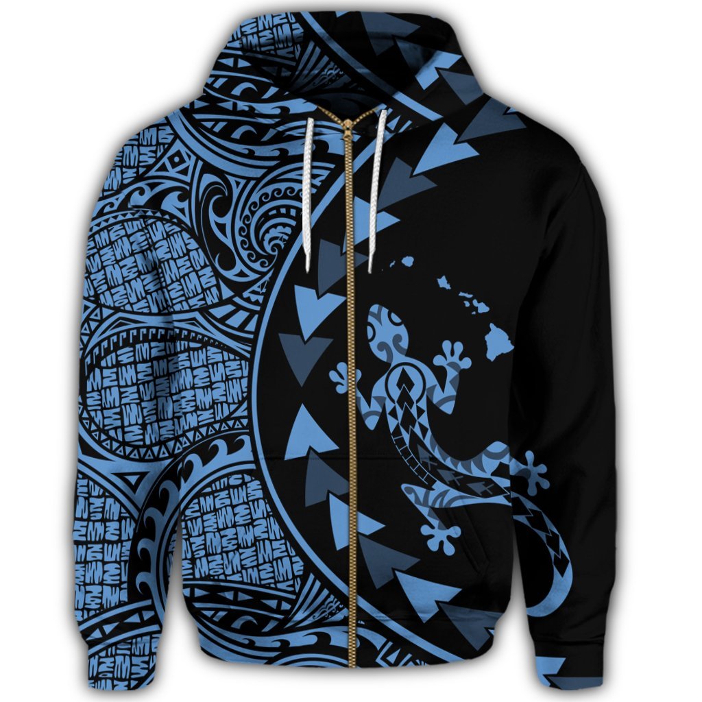 Hawaiian Map Gecko Tattoo Kakau Polynesian Zip Hoodie Pastel Blue - Polynesian Pride
