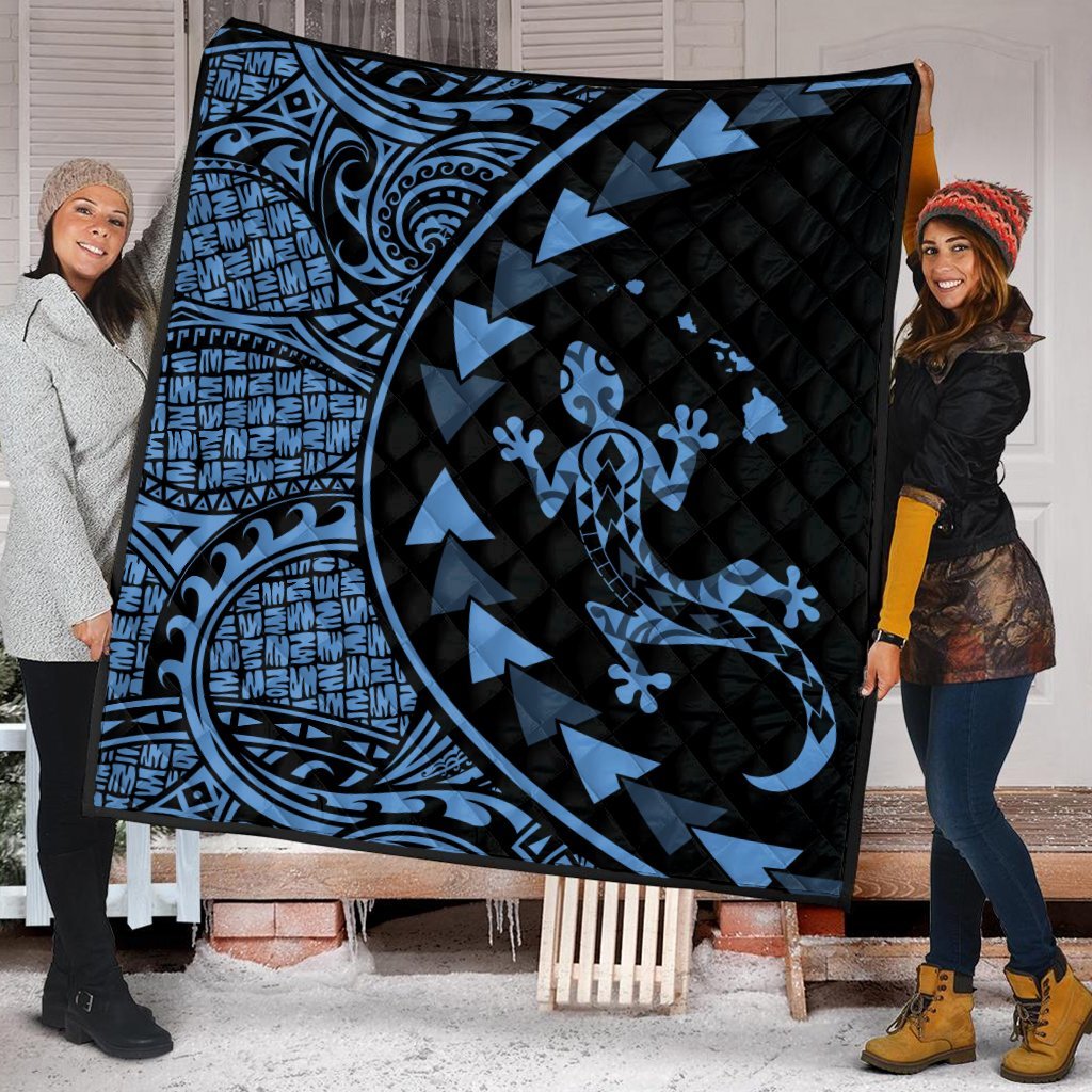 Hawaiian Map Gecko Tattoo Kakau Polynesian Premium Quilts Pastel Blue AH - Polynesian Pride