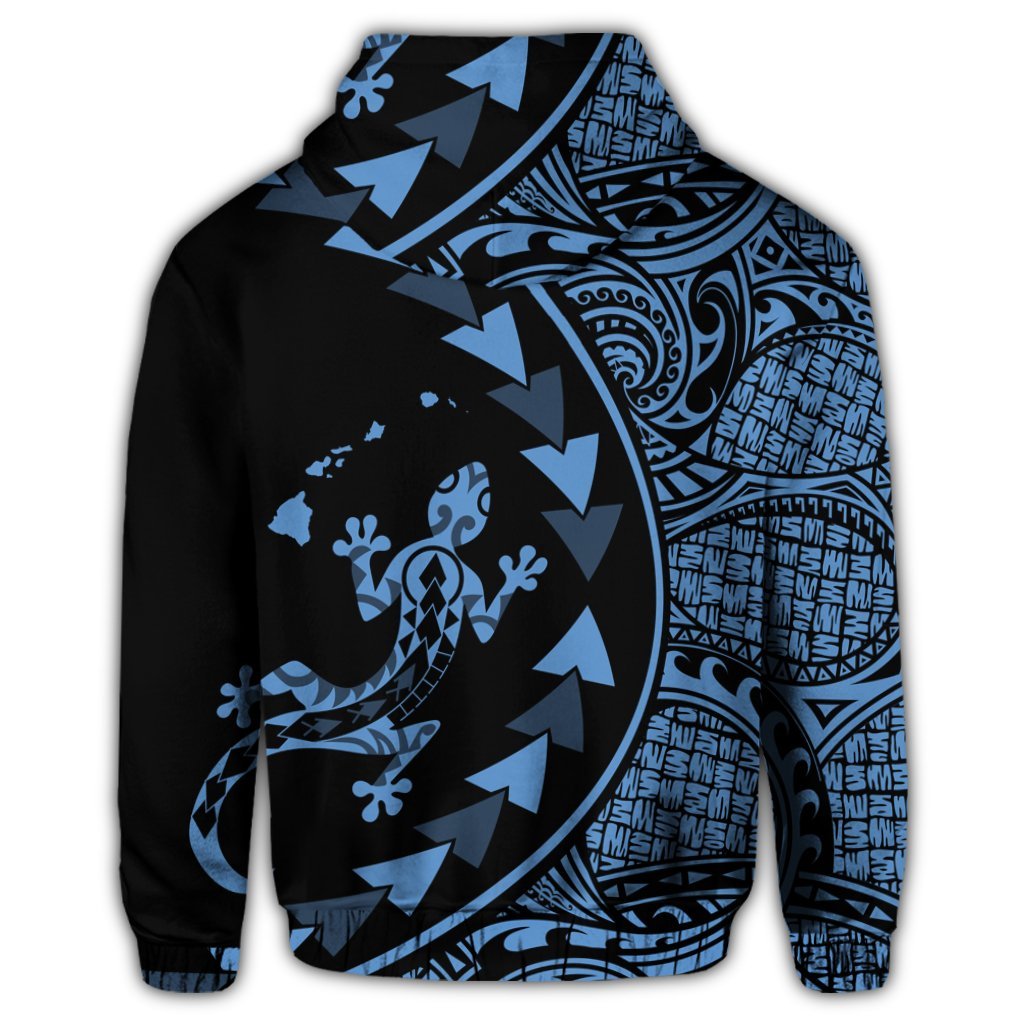 Hawaiian Map Gecko Tattoo Kakau Polynesian Zip Hoodie Pastel Blue - Polynesian Pride