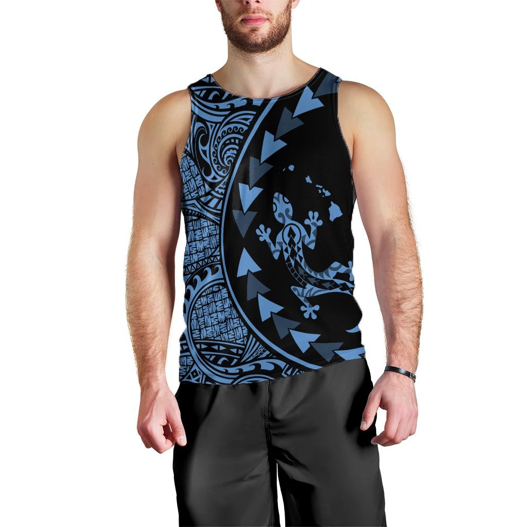 Hawaiian Map Gecko Tattoo Kakau Polynesian Tank Top Pastel Blue AH Black - Polynesian Pride