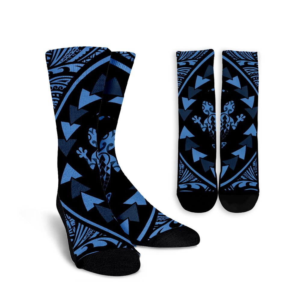 Hawaiian Map Gecko Tattoo Kakau Polynesian Crew Socks Pastel Blue AH Crew Socks White - Polynesian Pride