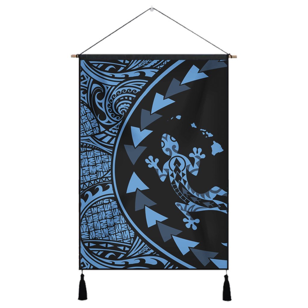 Hawaiian Map Gecko Tattoo Kakau Polynesian Hanging Poster Pastel Blue AH Hanging Poster Cotton And Linen - Polynesian Pride