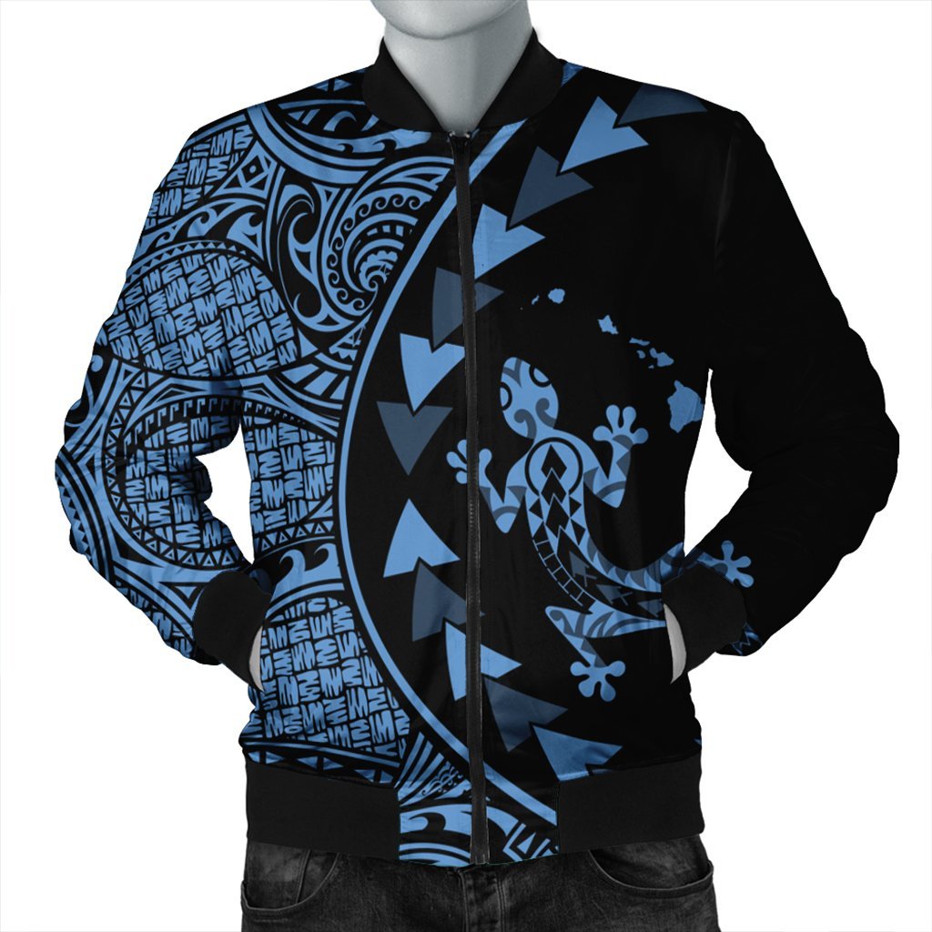 Hawaiian Map Gecko Tattoo Kakau Polynesian Bomber Jacket Pastel Blue AH Black Unisex - Polynesian Pride