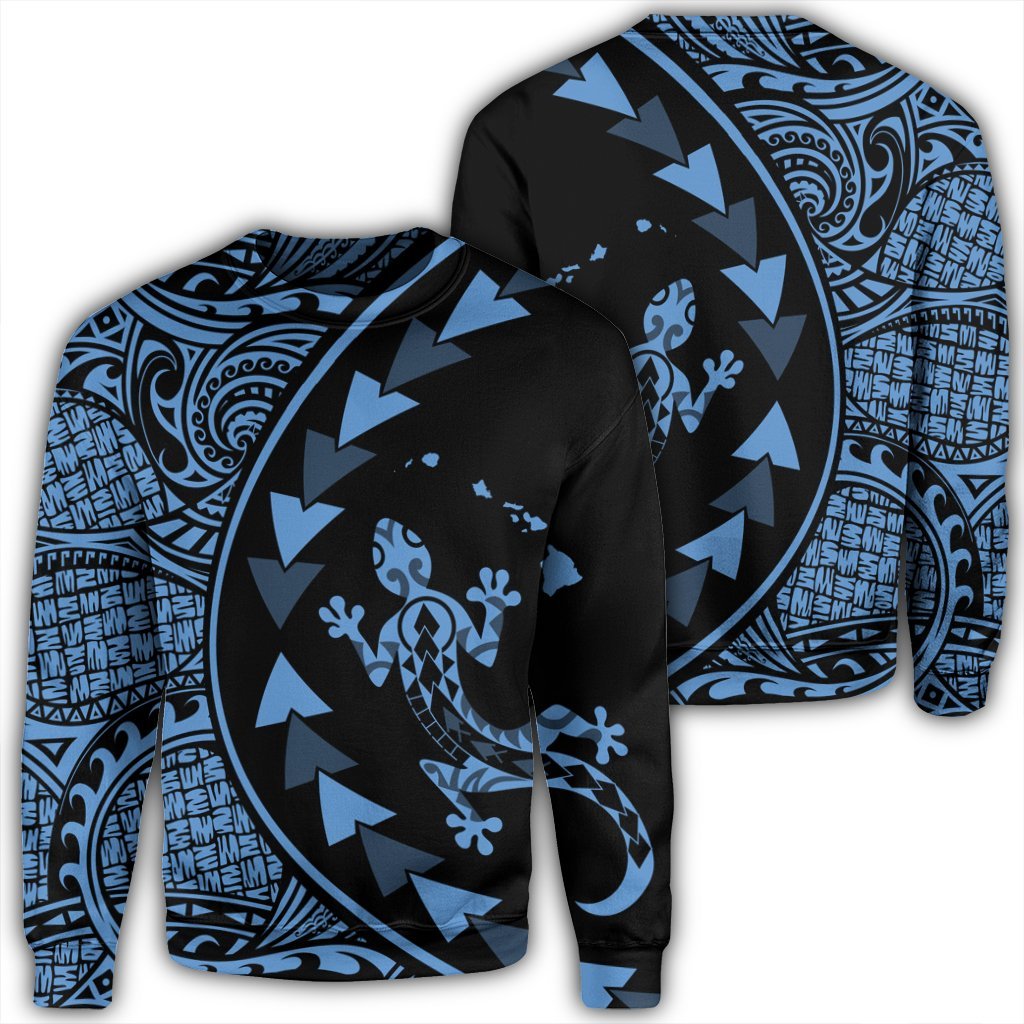 Hawaiian Map Gecko Tattoo Kakau Polynesian Sweatshirt Pastel Blue AH Unisex Black - Polynesian Pride