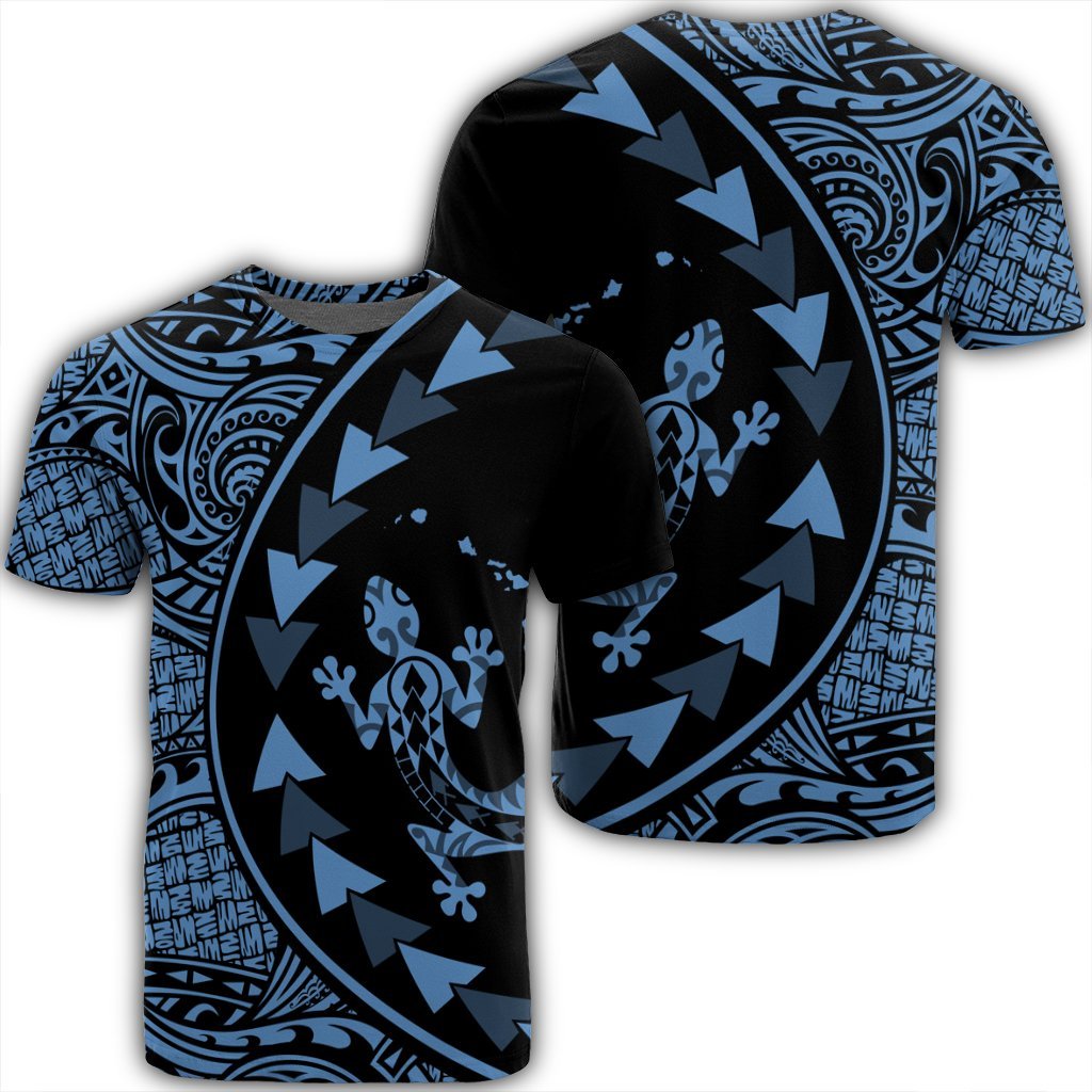 Hawaiian Map Gecko Tattoo Kakau Polynesian T Shirt Pastel Blue Unisex Black - Polynesian Pride