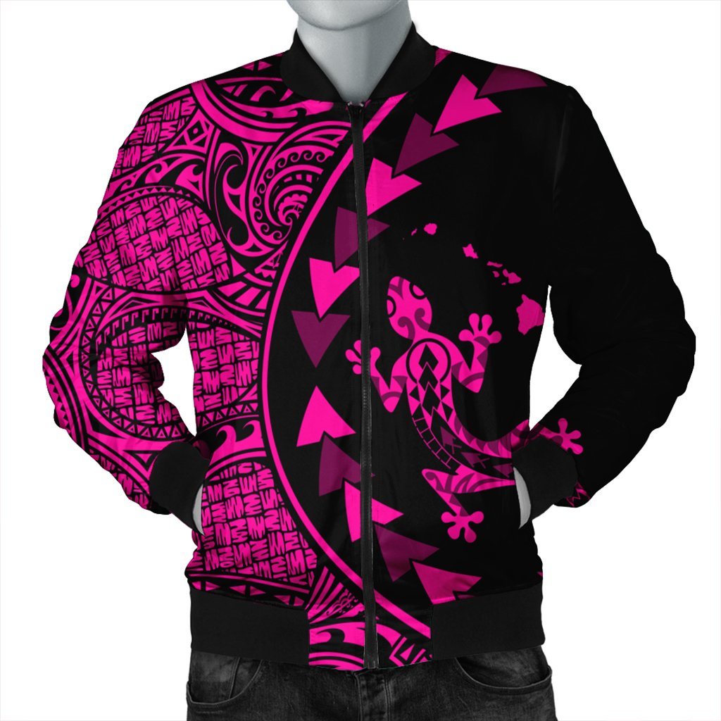 Hawaiian Map Gecko Tattoo Kakau Polynesian Bomber Jacket Pink AH Black Unisex - Polynesian Pride