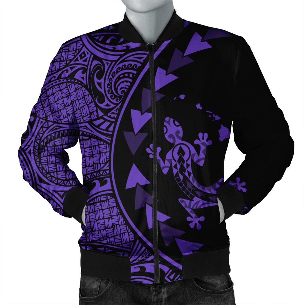 Hawaiian Map Gecko Tattoo Kakau Polynesian Bomber Jacket Purple AH Black Unisex - Polynesian Pride