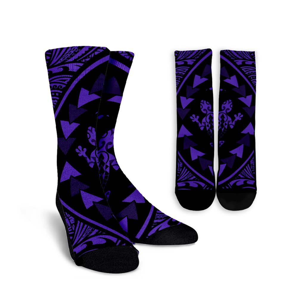 Hawaiian Map Gecko Tattoo Kakau Polynesian Crew Socks Purple AH Crew Socks White - Polynesian Pride