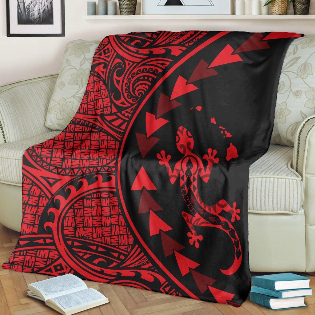 Hawaiian Map Gecko Tattoo Kakau Polynesian Premium Blankets Red AH - Polynesian Pride