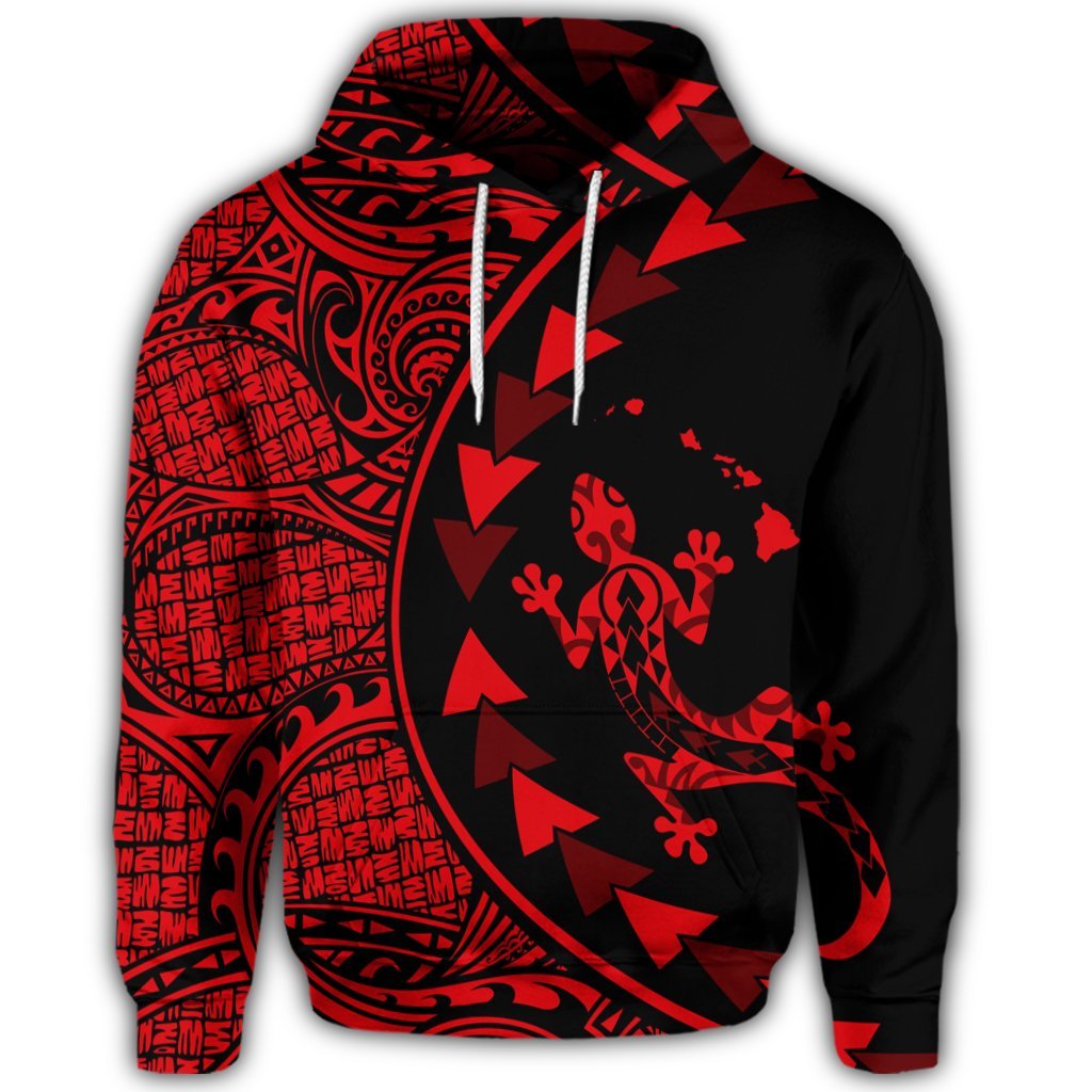 Hawaiian Map Gecko Tattoo Kakau Polynesian Hoodie Red - Polynesian Pride