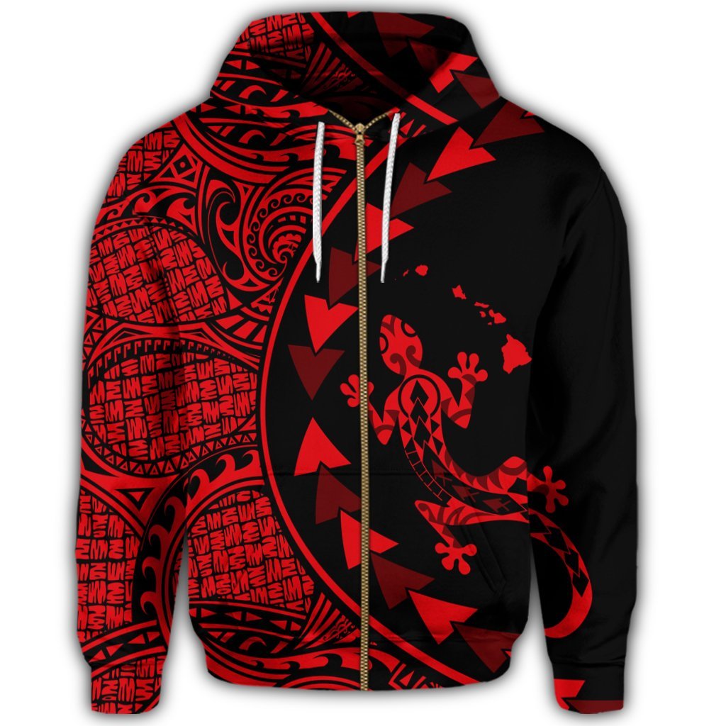 Hawaiian Map Gecko Tattoo Kakau Polynesian Zip Hoodie Red - Polynesian Pride