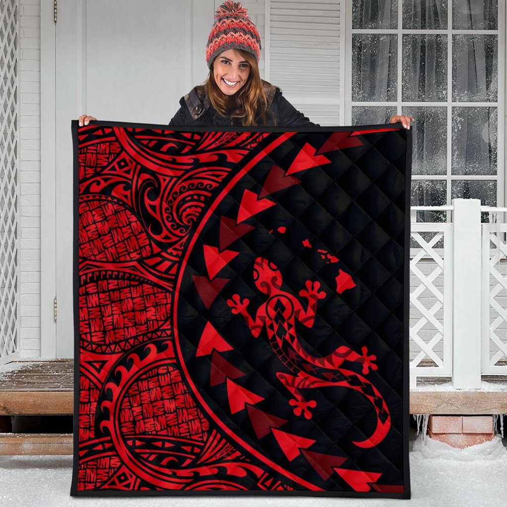 Hawaiian Map Gecko Tattoo Kakau Polynesian Premium Quilts Red AH - Polynesian Pride