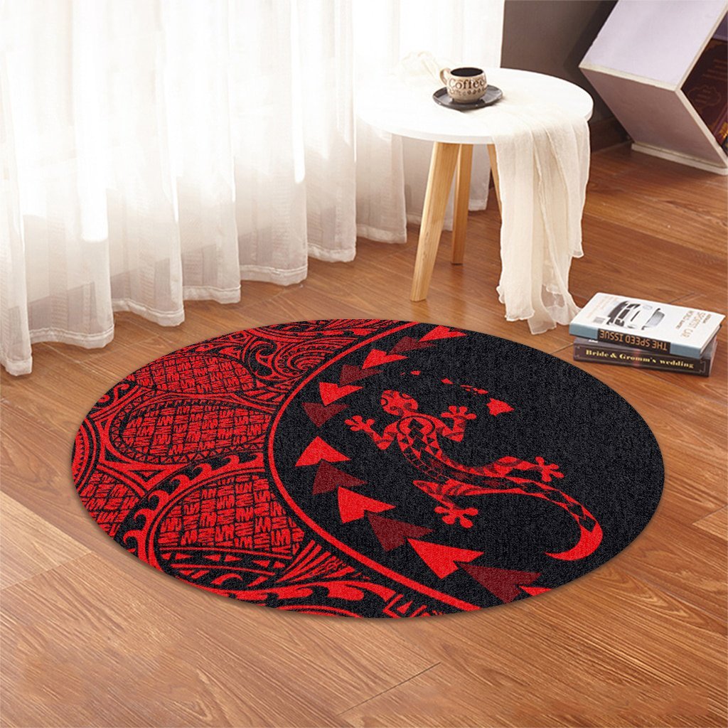 Hawaiian Map Gecko Tattoo Kakau Polynesian Round Carpet Red AH - Polynesian Pride