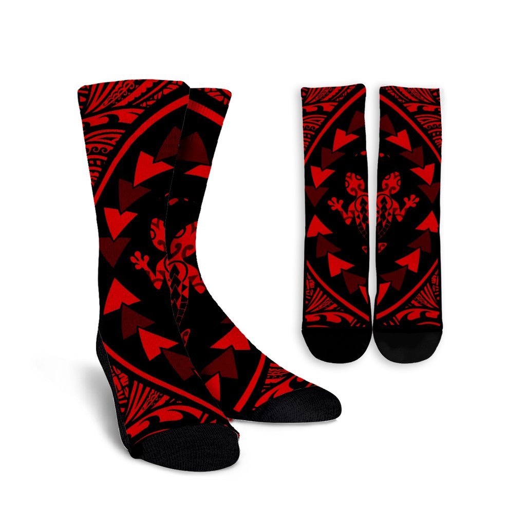 Hawaiian Map Gecko Tattoo Kakau Polynesian Crew Socks Red AH Crew Socks White - Polynesian Pride