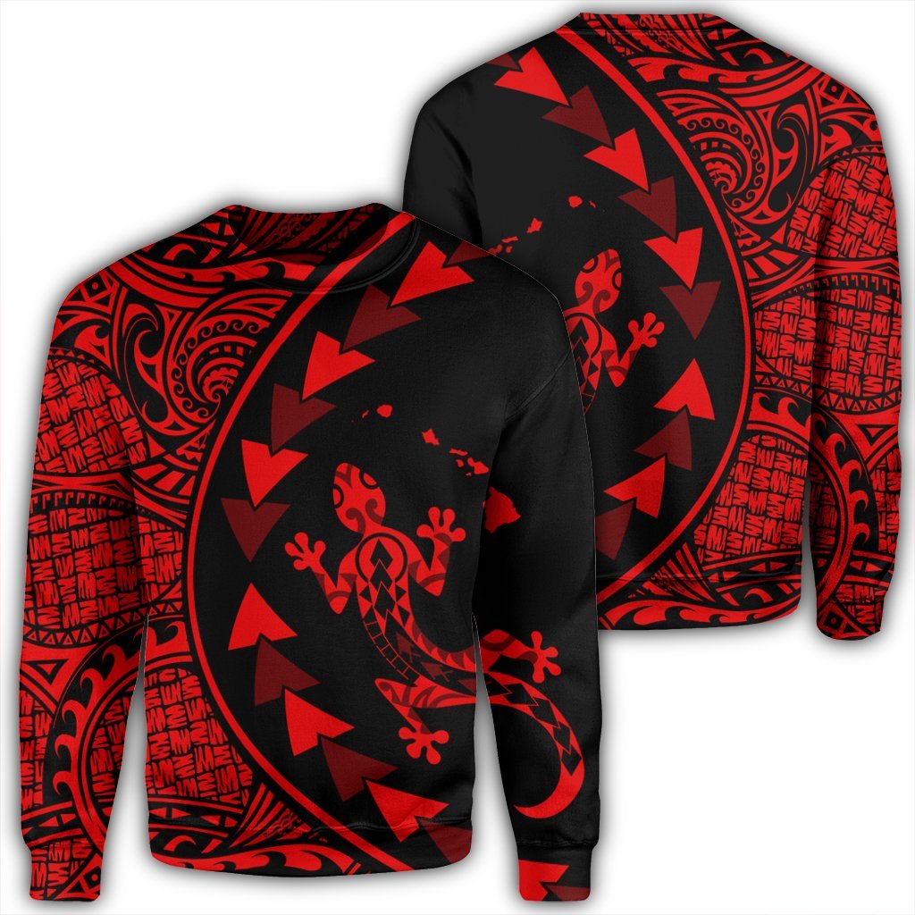 Hawaiian Map Gecko Tattoo Kakau Polynesian Sweatshirt Red AH Unisex Black - Polynesian Pride