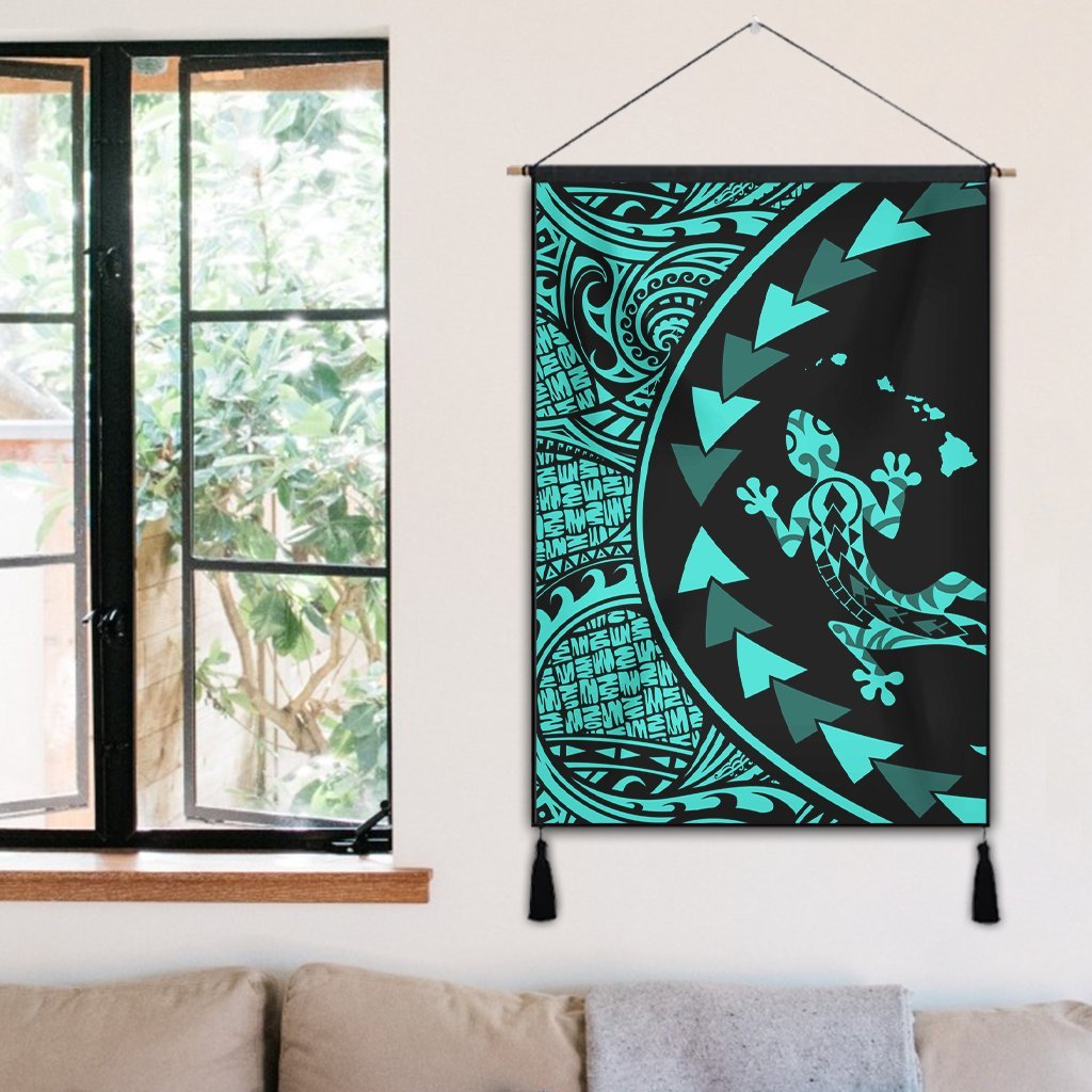 Hawaiian Map Gecko Tattoo Kakau Polynesian Hanging Poster Turquoise AH - Polynesian Pride