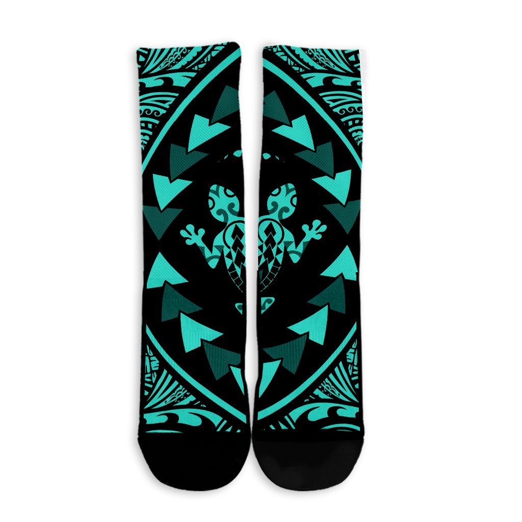 Hawaiian Map Gecko Tattoo Kakau Polynesian Crew Socks Turquoise AH - Polynesian Pride