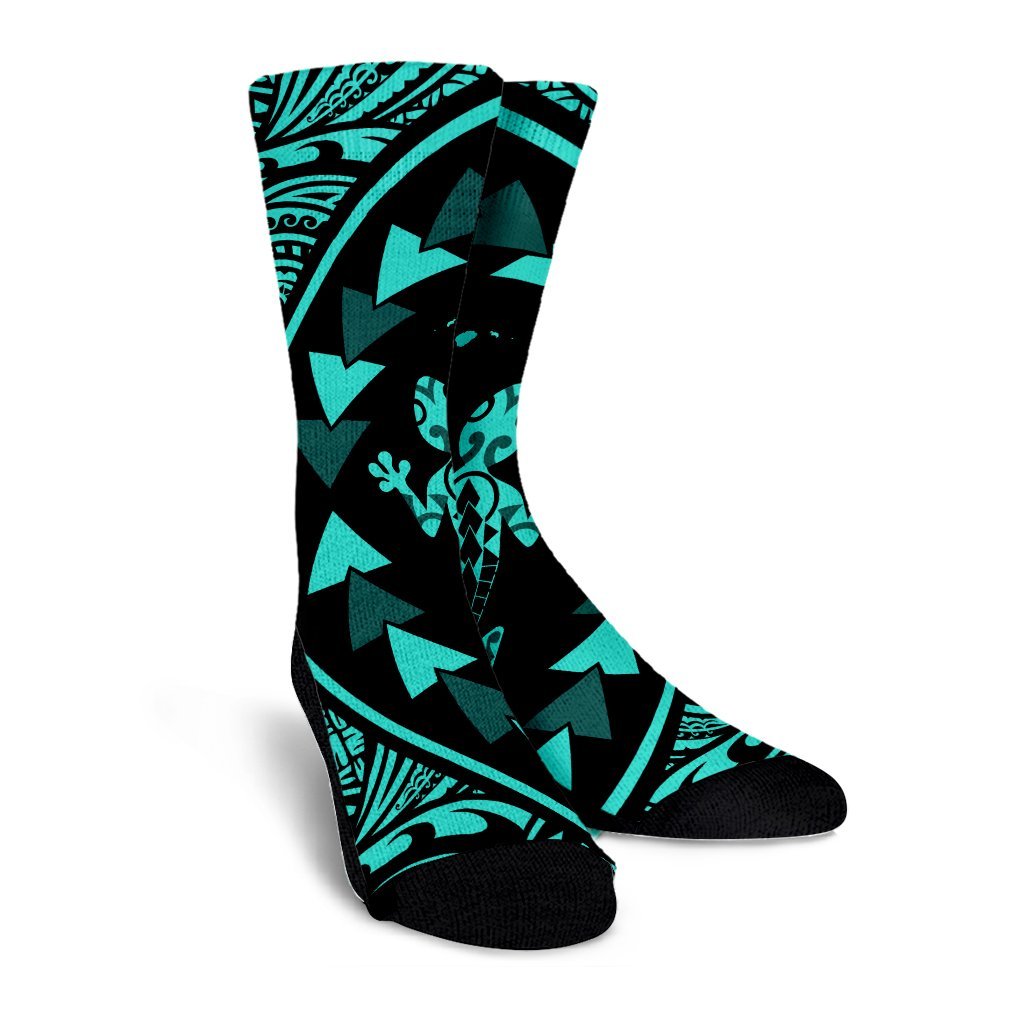 Hawaiian Map Gecko Tattoo Kakau Polynesian Crew Socks Turquoise AH - Polynesian Pride