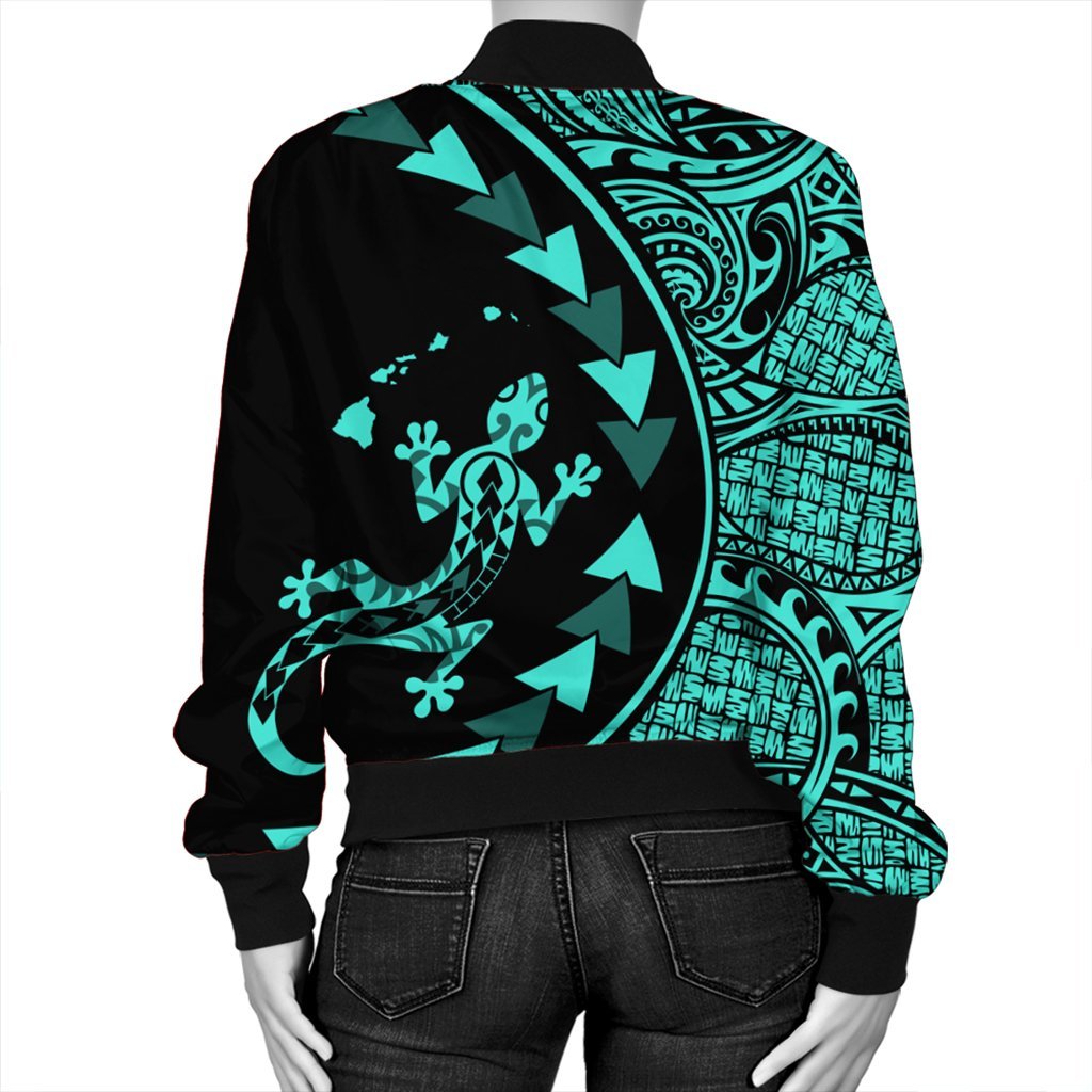 Hawaiian Map Gecko Tattoo Kakau Polynesian Bomber Jacket Turquoise AH - Polynesian Pride