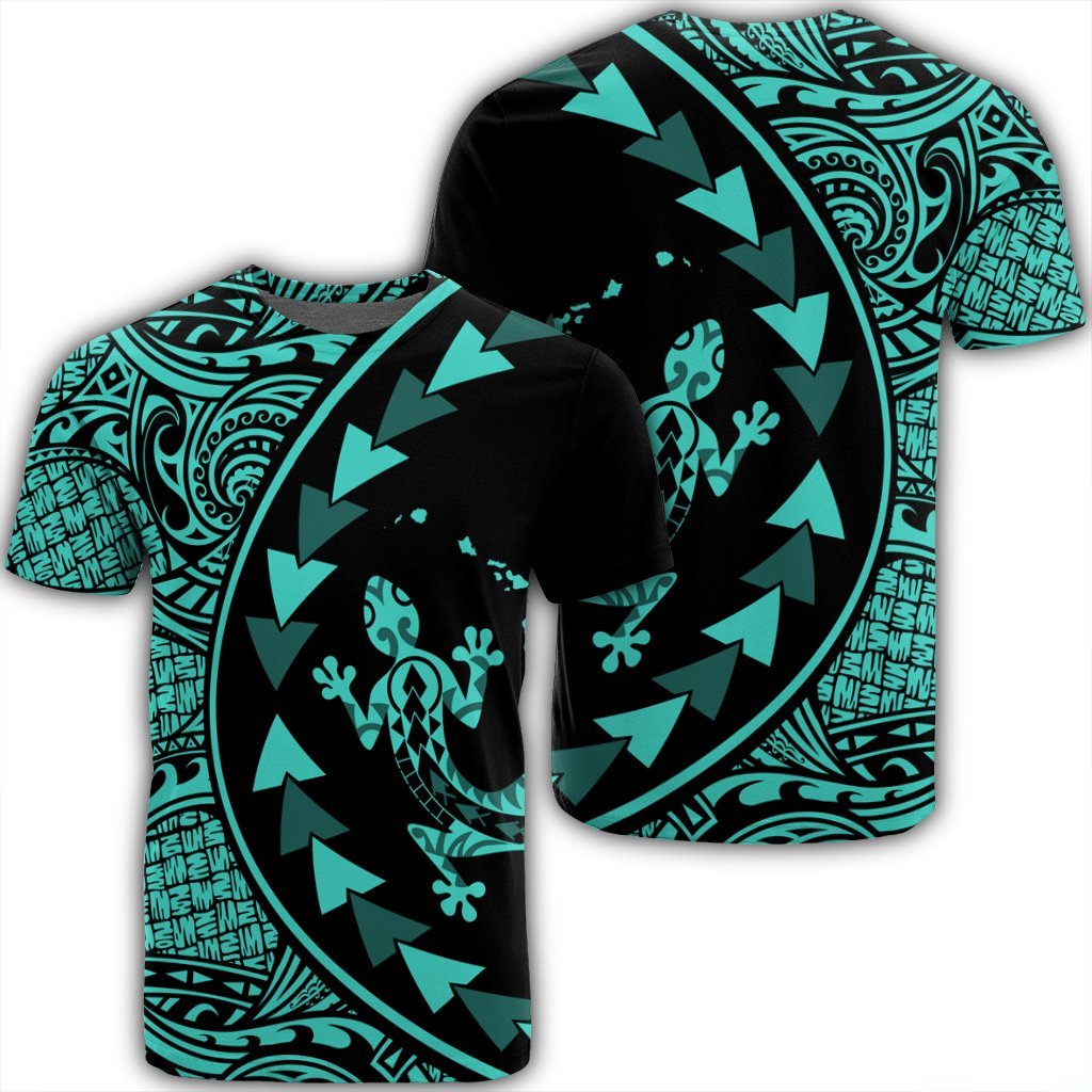 Hawaiian Map Gecko Tattoo Kakau Polynesian T Shirt Turquoise Unisex Black - Polynesian Pride