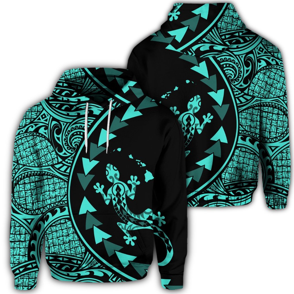 Hawaiian Map Gecko Tattoo Kakau Polynesian Hoodie Turquoise Unisex Art - Polynesian Pride