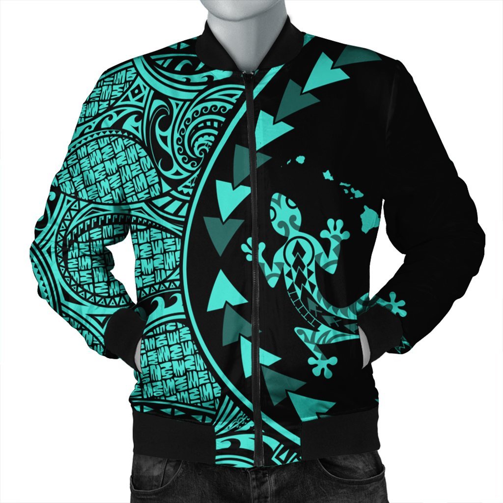 Hawaiian Map Gecko Tattoo Kakau Polynesian Bomber Jacket Turquoise AH Black Unisex - Polynesian Pride