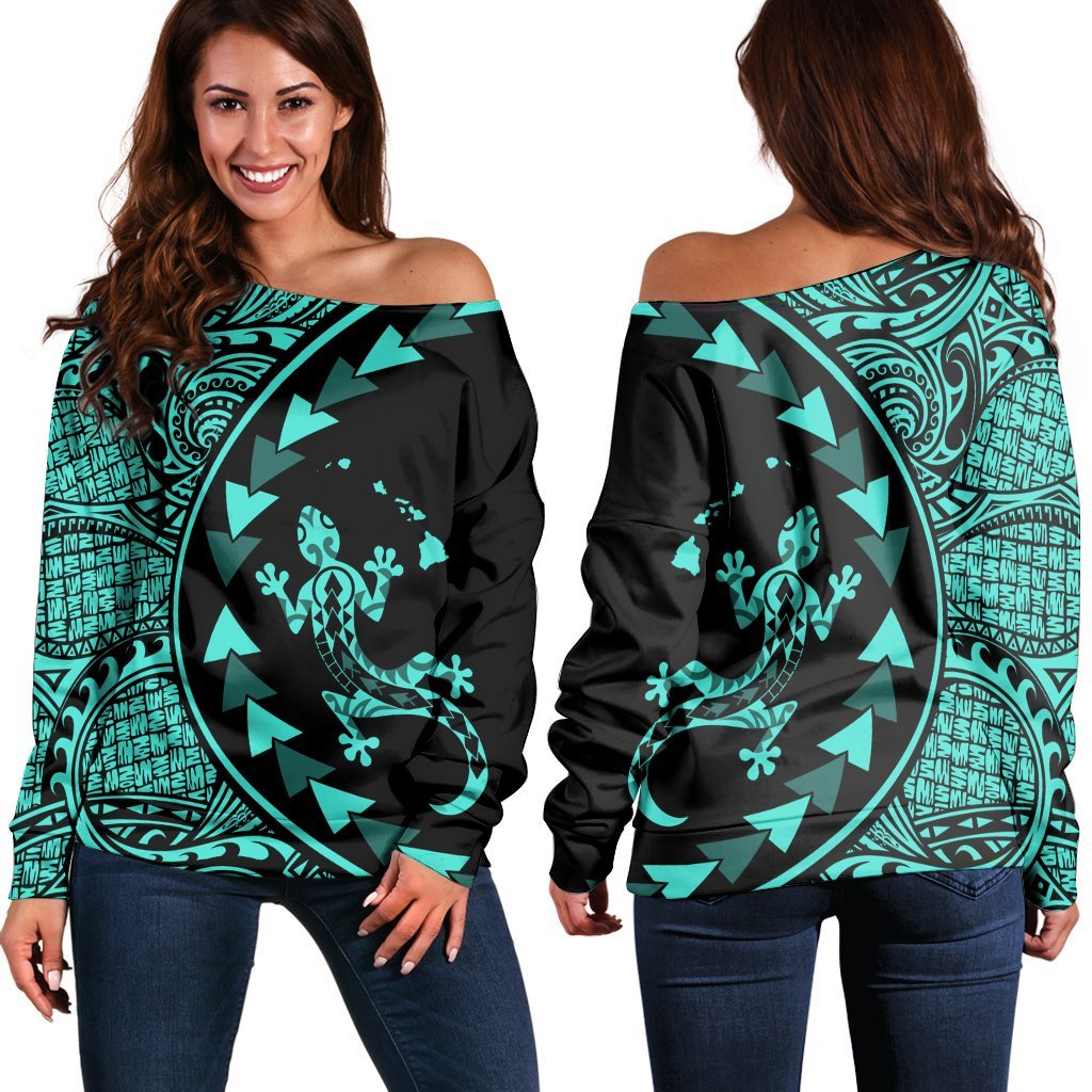 Hawaiian Map Gecko Tattoo Kakau Polynesian Women's Off Shoulder Sweater Turquoise AH Black - Polynesian Pride