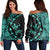 Hawaiian Map Gecko Tattoo Kakau Polynesian Women's Off Shoulder Sweater Turquoise AH Black - Polynesian Pride