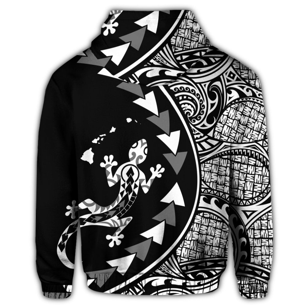 Hawaiian Map Gecko Tattoo Kakau Polynesian Zip Hoodie White - Polynesian Pride