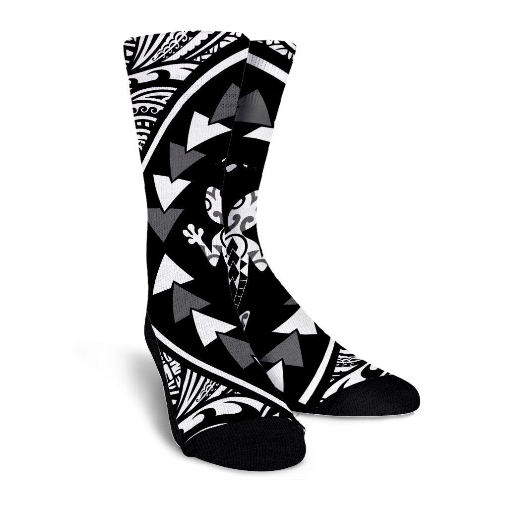 Hawaiian Map Gecko Tattoo Kakau Polynesian Crew Socks White AH - Polynesian Pride