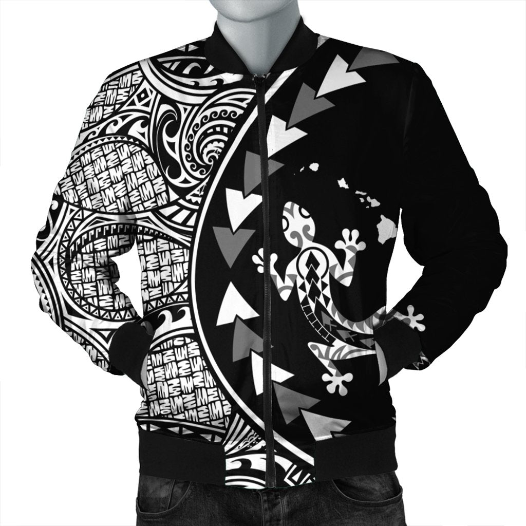 Hawaiian Map Gecko Tattoo Kakau Polynesian Bomber Jacket White AH Black Unisex - Polynesian Pride