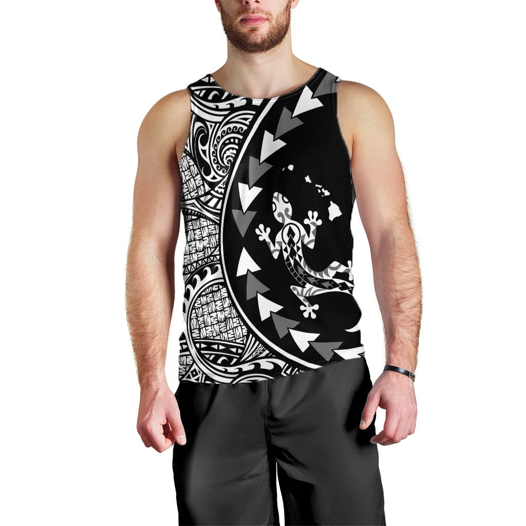 Hawaiian Map Gecko Tattoo Kakau Polynesian Tank Top White AH Black - Polynesian Pride