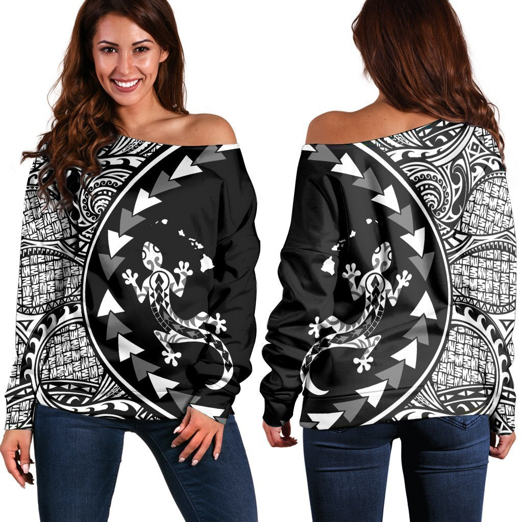 Hawaiian Map Gecko Tattoo Kakau Polynesian Women's Off Shoulder Sweater White AH Black - Polynesian Pride